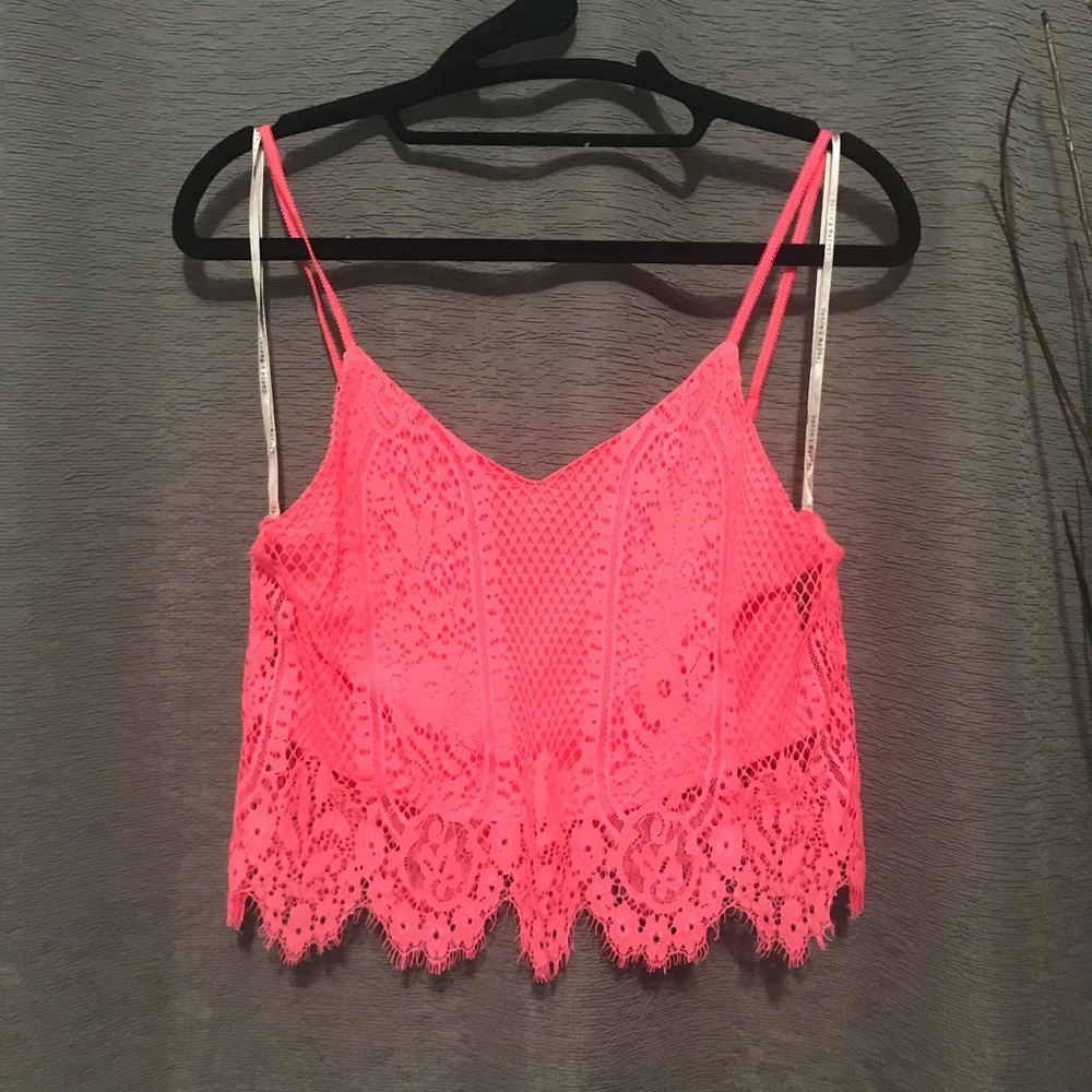 Dance & Marvel Scallop Lace Crop Top in Hot Pink